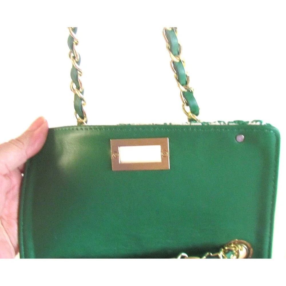 DESIGNER TSD12 GREEN /WHITE CHECK FABRIC PRINT CHAIN DETAIL SMALL CROSSBODY BAG